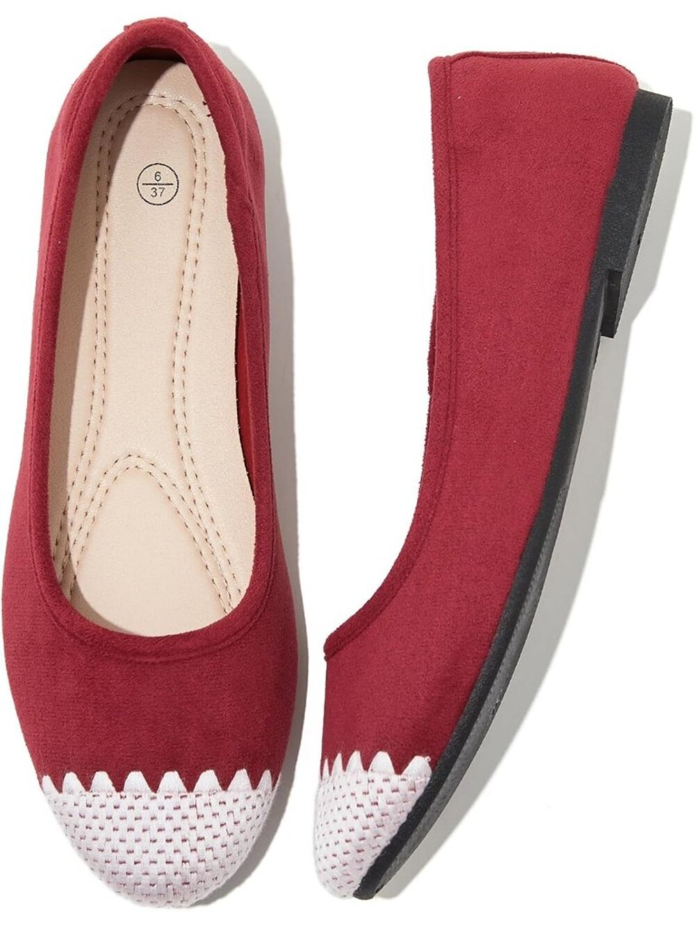 Women's Red Scalloped Leather Non Slip Low Heel Slip on Ballet Loafer Flat Shoes